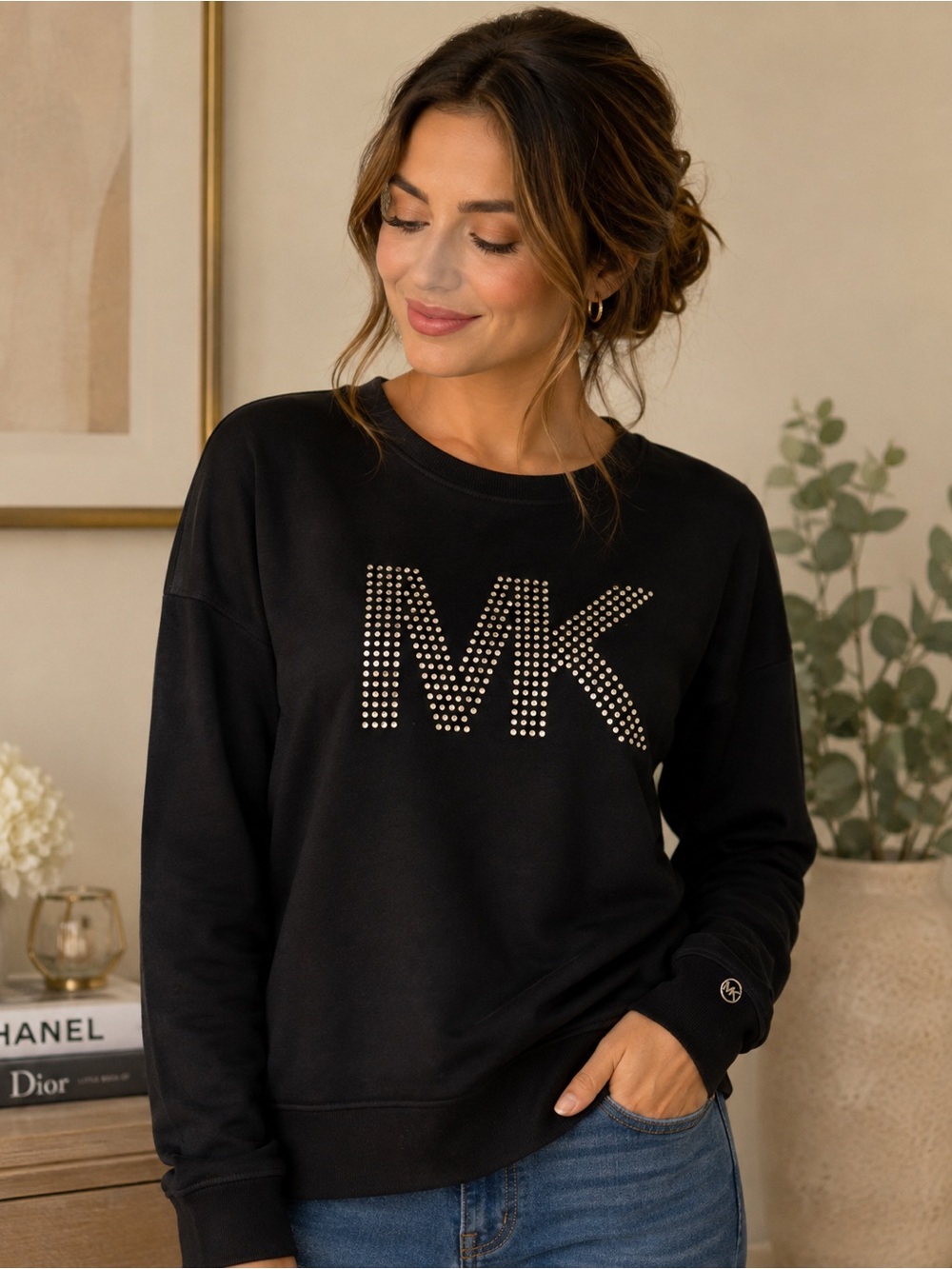 Michael Kors Women’s Black Sweatshirt with Studded MK Logo Size L
